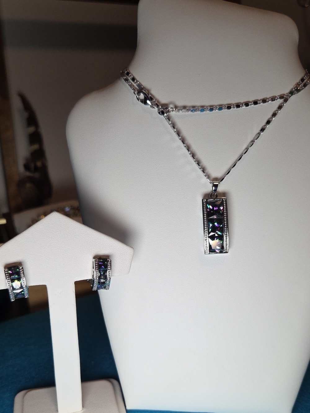 Sterling Silver Mystique Opal Pendant Necklace and Earrings Set - Rainbow Accent